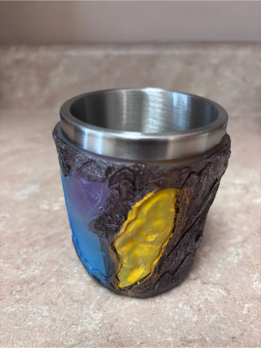 Handcrafted Geode-Style Resin Mug, Stainless Steel Liner –Yellow Blue Agate Look